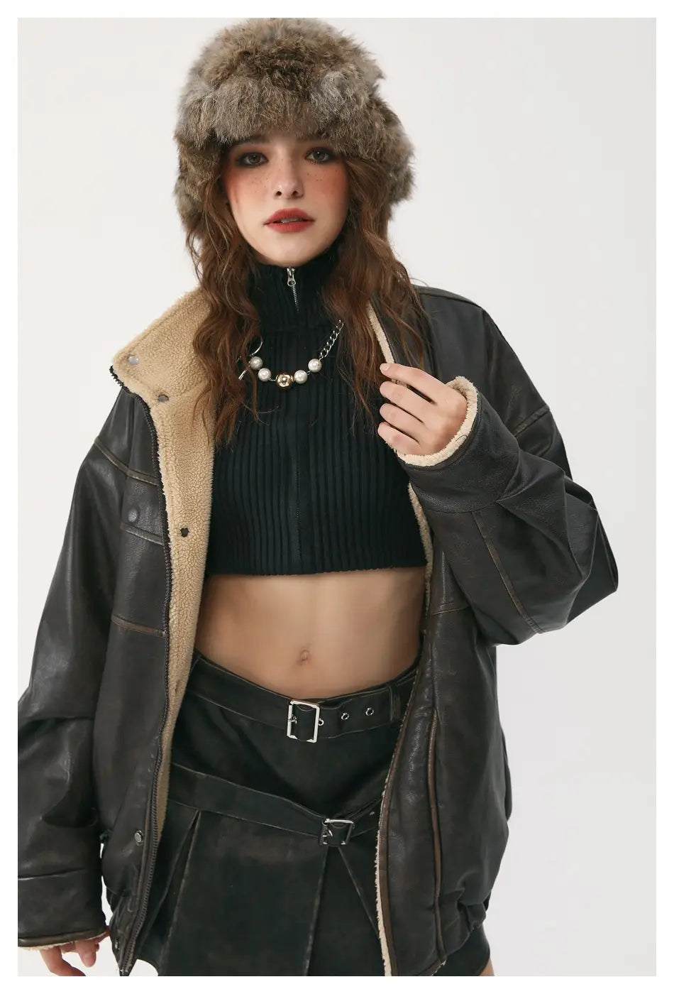 Winter PU Leather Coat Cotton-padded Coat Stand Collar Coat Thickened Lamb Wool