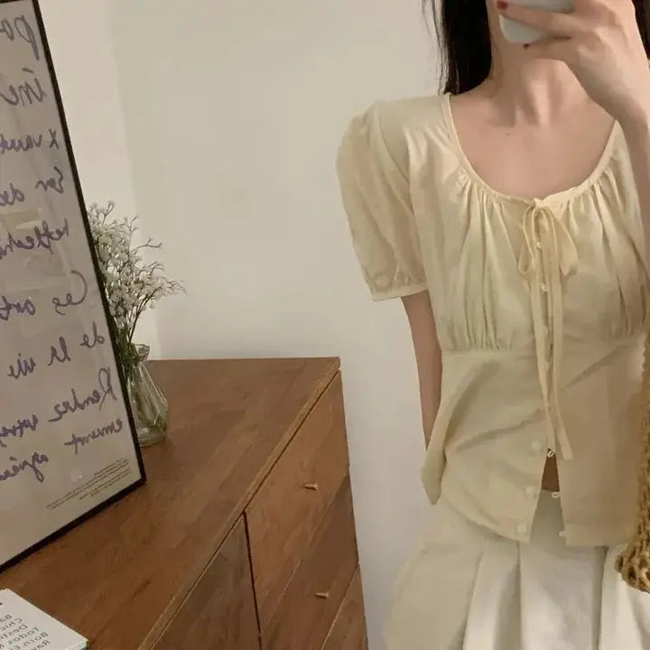 Single-breasted Lace Up Short Shirt French Small Top