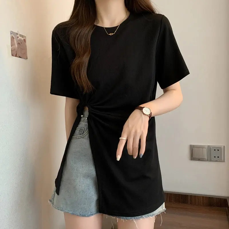 Cotton Irregular Split Short-sleeved T-shirt Women’s Summer
