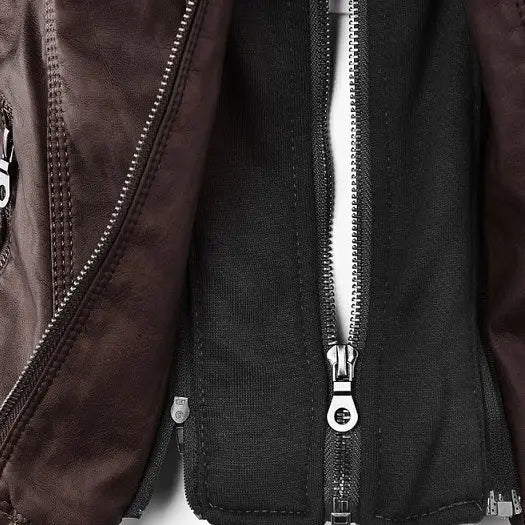 Women’s Detachable Lapel Long Sleeve Solid Color Zipper Leather Jacket Coat