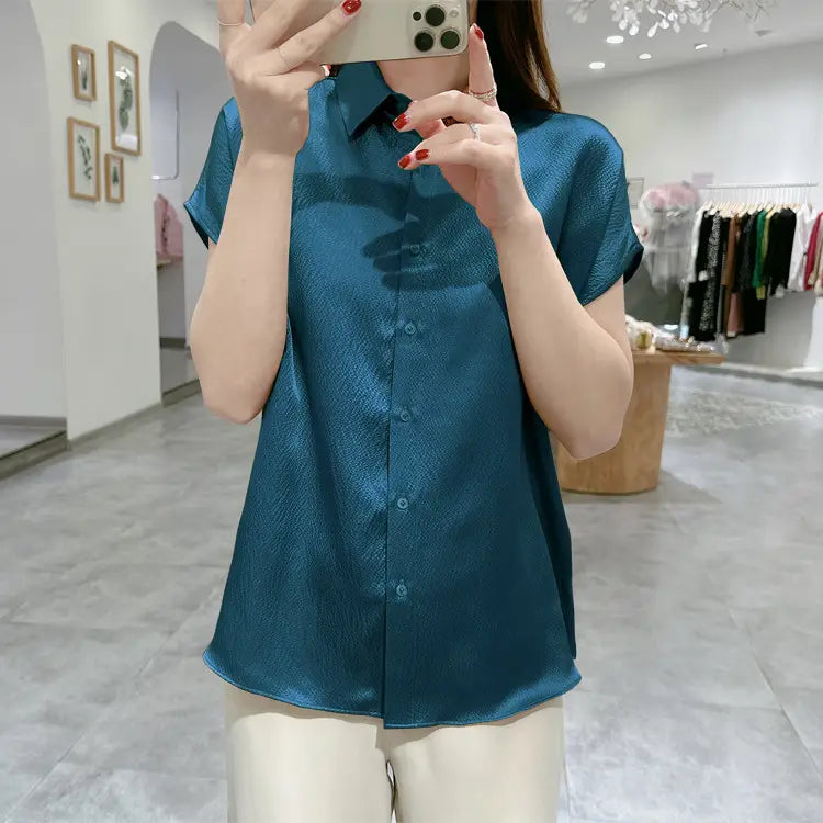 Pearl Satin Shirt Reverse Collar Single-breasted