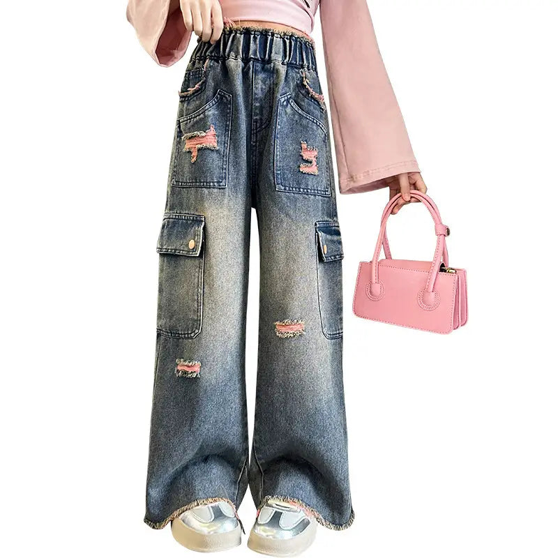 Girls’ Fashionable Gradually Varied Pink Broken Holes Pants