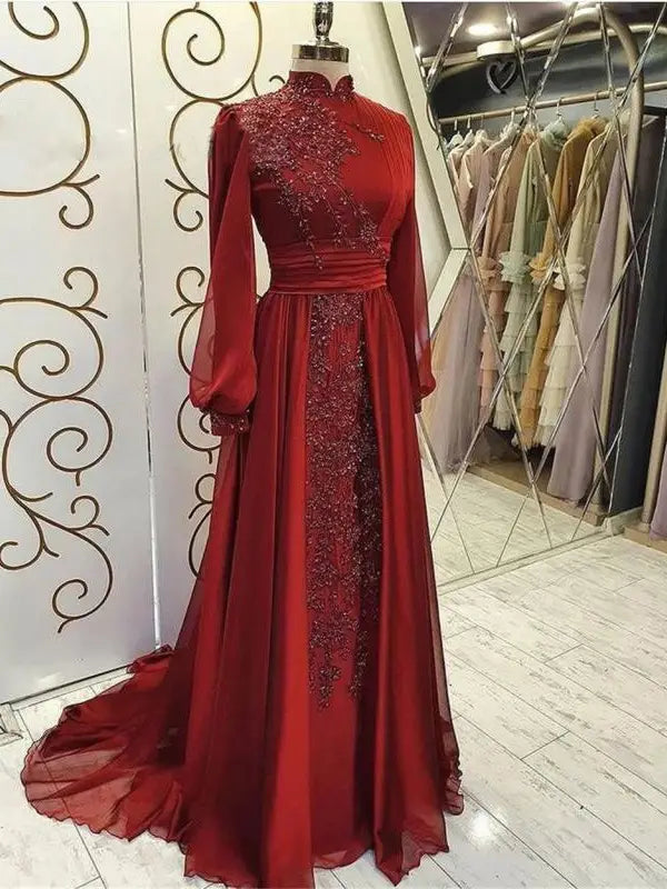 Stand Collar Luxury Long Sleeve Evening Dress