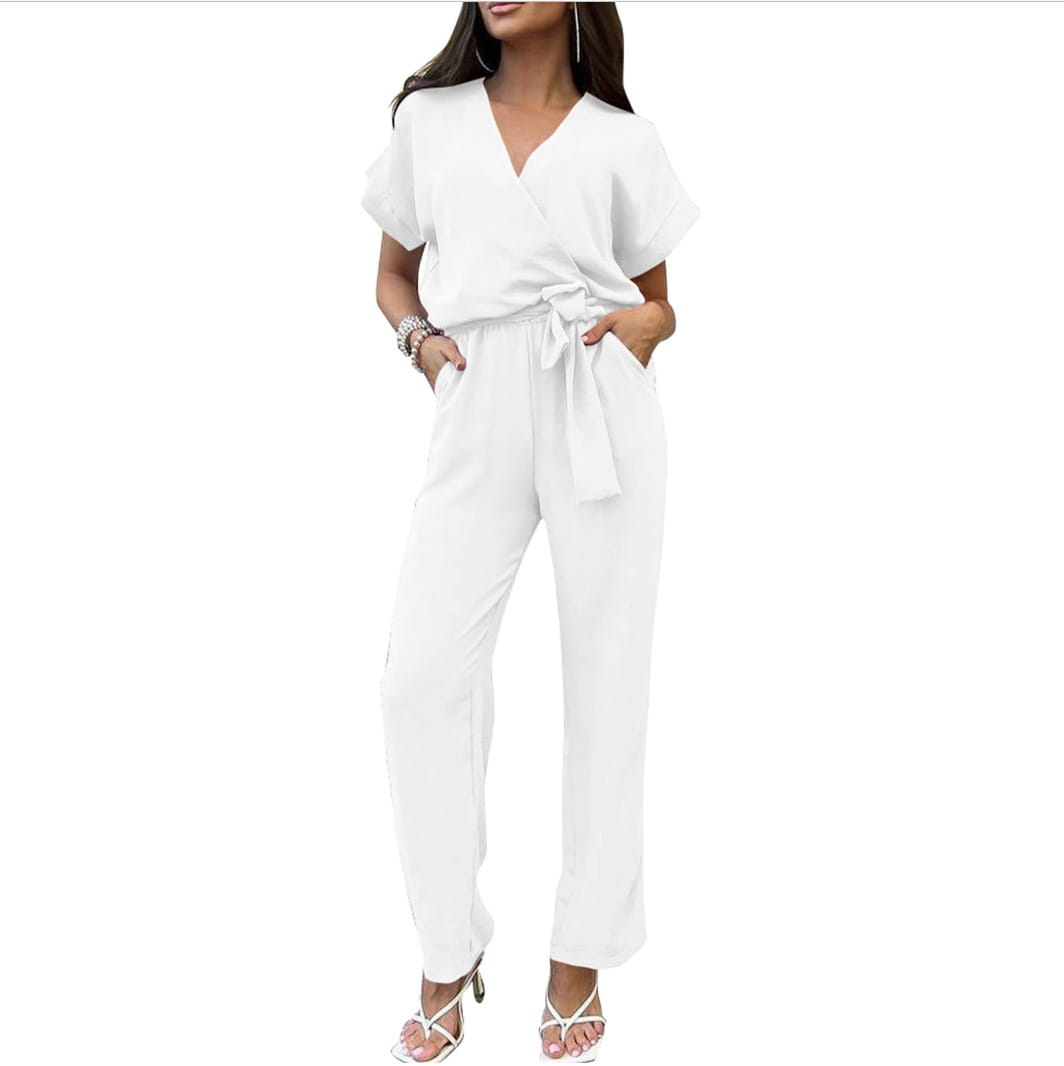 Women’s Short-sleeved V-neck Pocket Jumpsuit