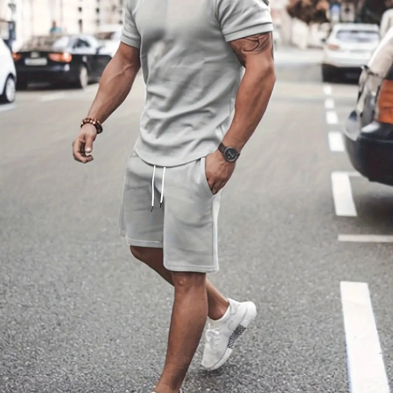 Men’s Outfit Solid Casual Crew Neck Short Sleeve T-Shirt & Drawstring Shorts 2-piece Set For Summer Outdoor Activities