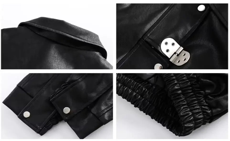 Three-dimensional Pocket Irregular Placket Leather Coat Loose Top