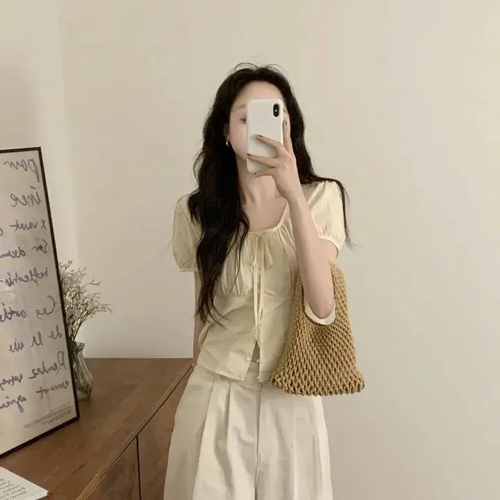 Single-breasted Lace Up Short Shirt French Small Top