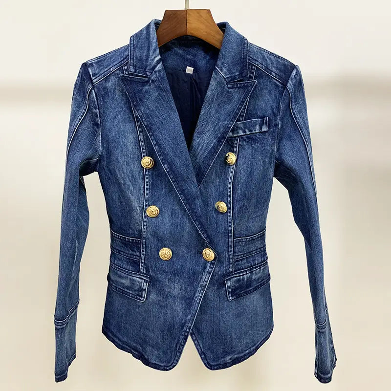Fashionable Double-breasted Washed Denim Jacket