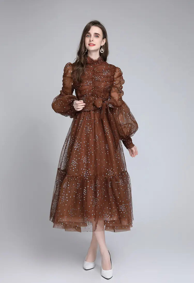 Women’s Mesh Star Shiny Silk Print Waist Wrapping Slim Dress