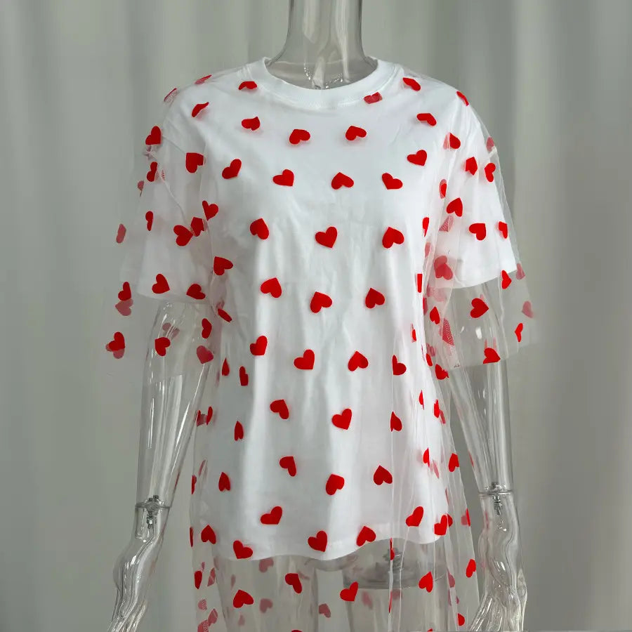 European And American Style Women’s Love Mesh Stitching Loose Basic Style Round Neck Short Sleeve T-shirt
