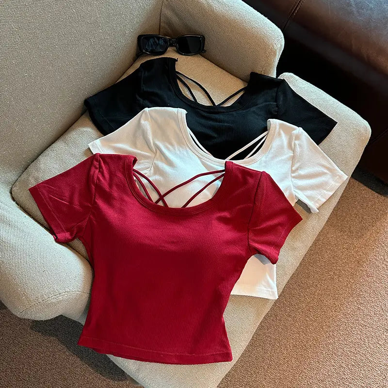 Chest Pad Pure Desire Wind Back Hollow Design T-shirt