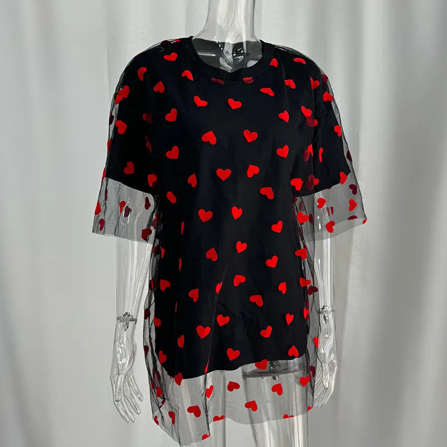 European And American Style Women’s Love Mesh Stitching Loose Basic Style Round Neck Short Sleeve T-shirt