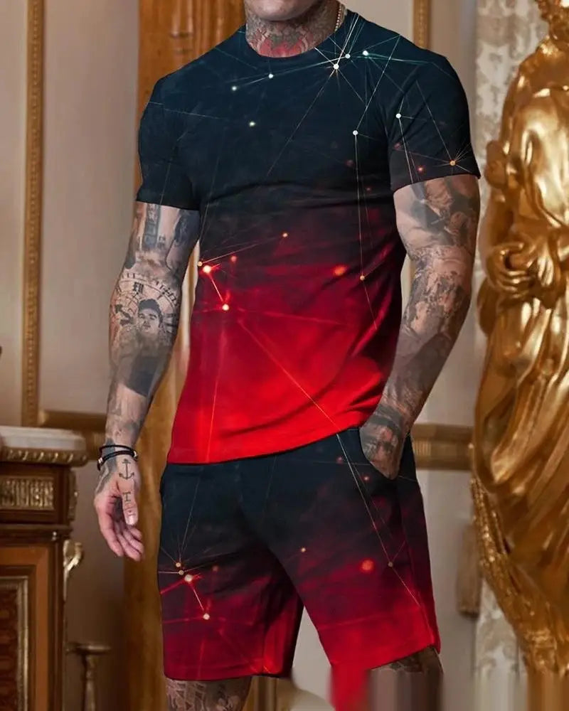 Men’s Casual Short Sleeve Round Neck Gradient Colorful Suit