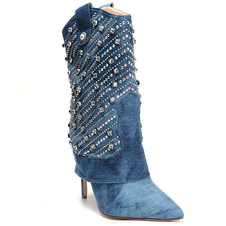 Heavy Industry Pointed Toe Stiletto Rhinestone Women’s Boots Jeans Pipe Boots