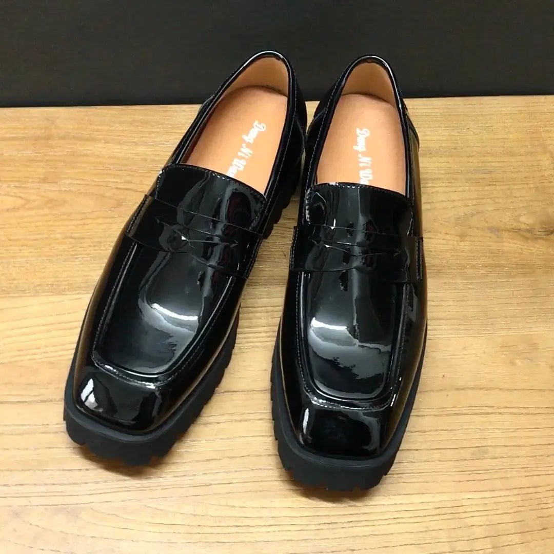 Slip-on Square-toed Black Patent Leather Men’s Trendy Shoes