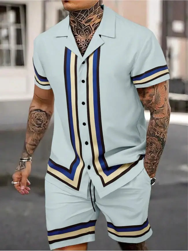 Fashion Men’s Cuban Collar Shirt Two-piece Set