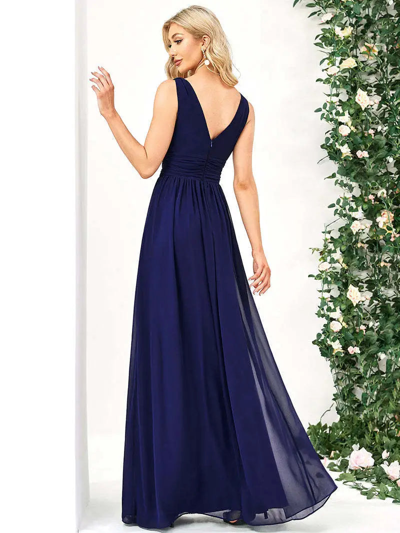 Deep V-neck Bridesmaid Plus Size High Waist Evening Dress