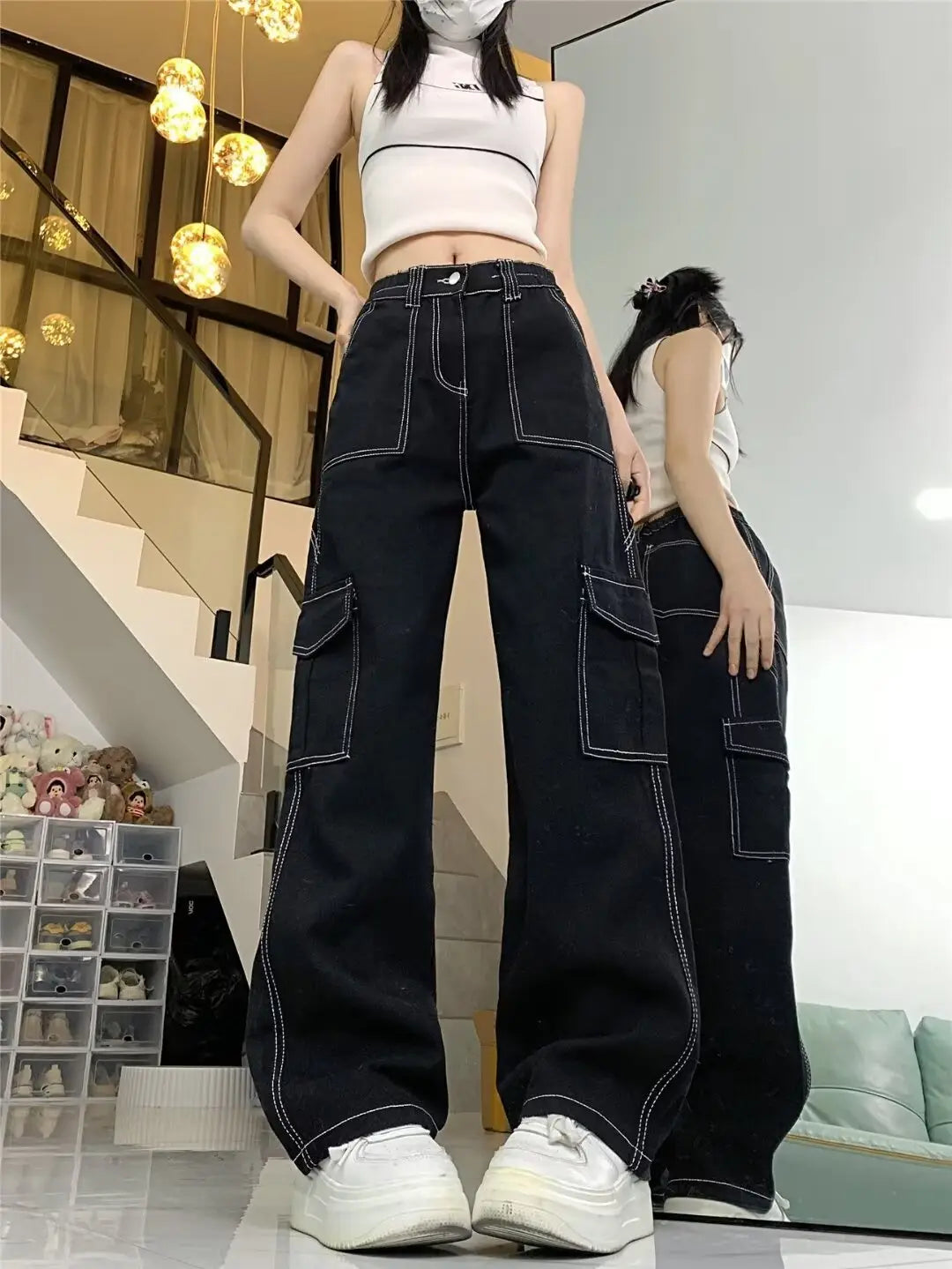 Jeans Women’s Straight Loose Spring Wide-leg Overalls