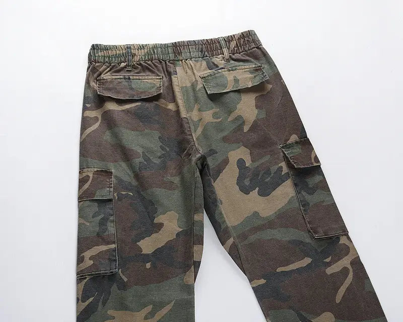 Washed And Distressed Camouflage Stitching Multi-pocket Tooling Micro Trousers