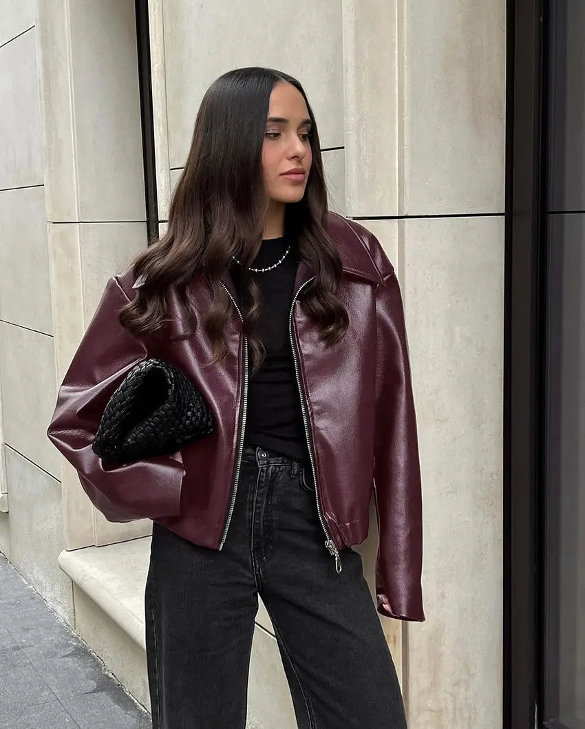 Retro Biker’s Style Wine Red European And American Handsome Matte Leather Jacket Coat