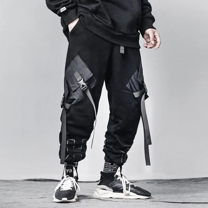 Men’s Loose Black Overalls Hip-hop Pocket Pants
