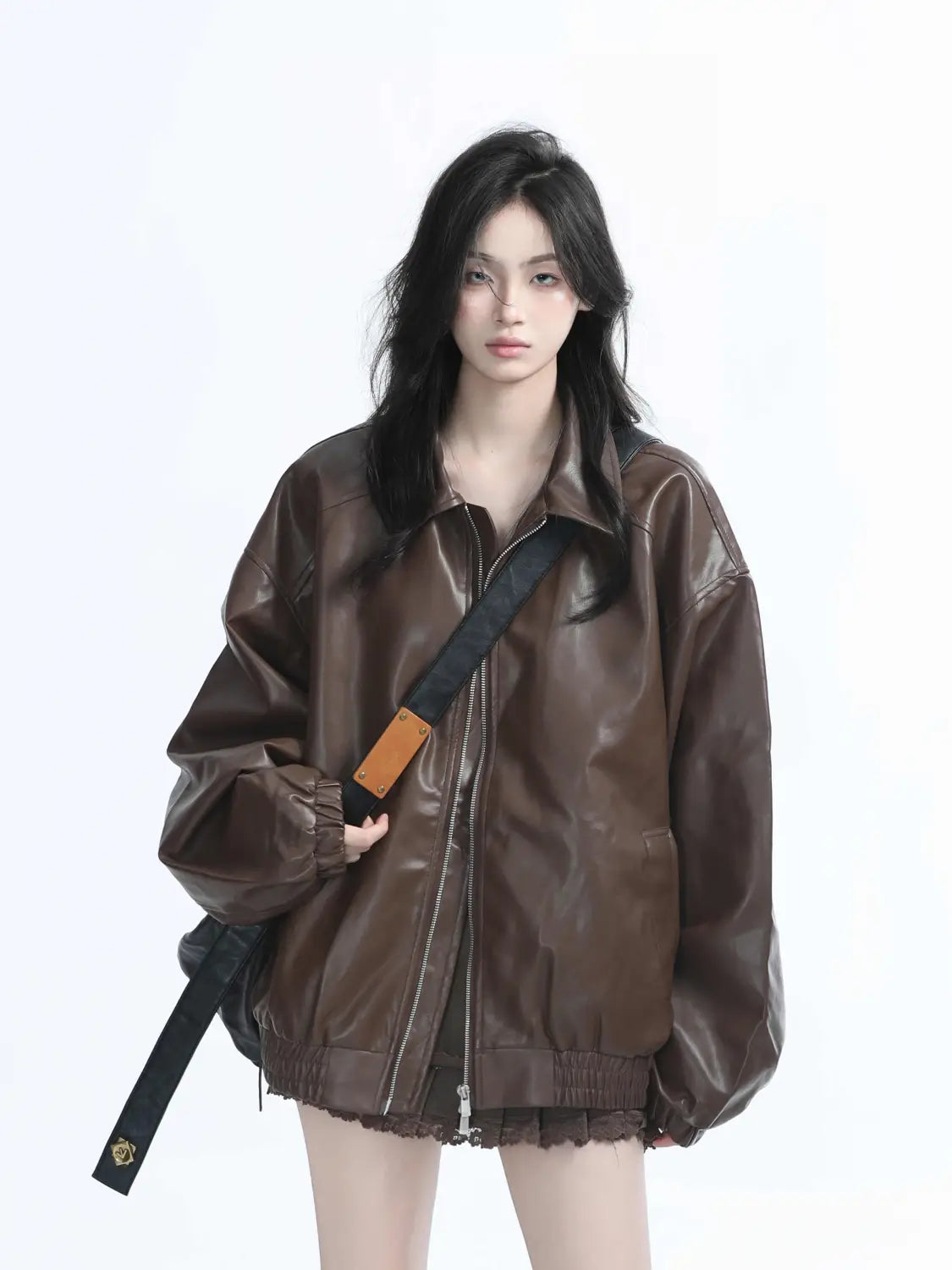 Brown Motorcycle PU Leather Coat Female Loose Jacket