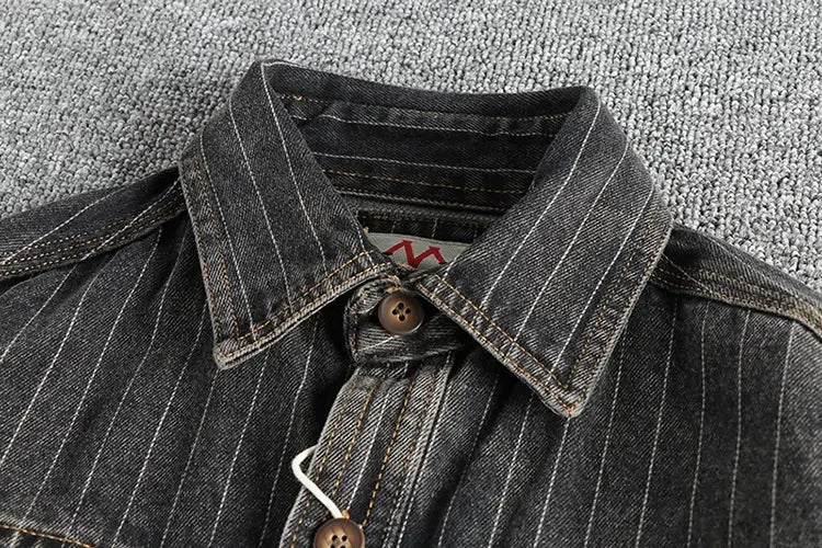 Men’s British Retro Black Gray Striped Denim Shirt
