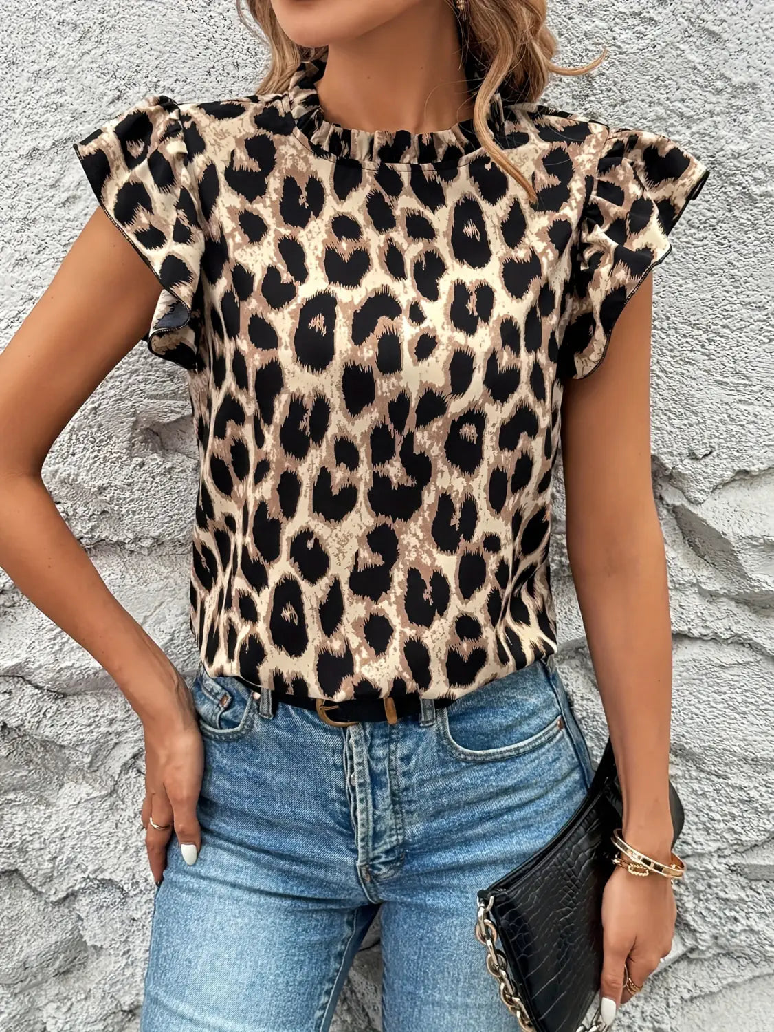 Women’s Fashion Casual Ruffled Leopard Print Flying Sleeve Shirt