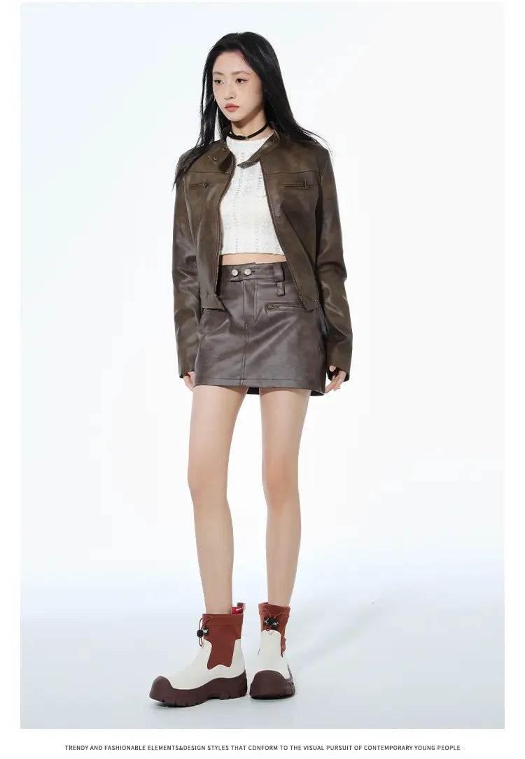 Short Leather Jacket Slim Brown Jacket Motorcycle Jacket