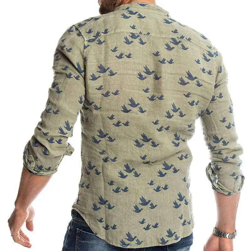 3D printed linen colorblock stand collar shirt