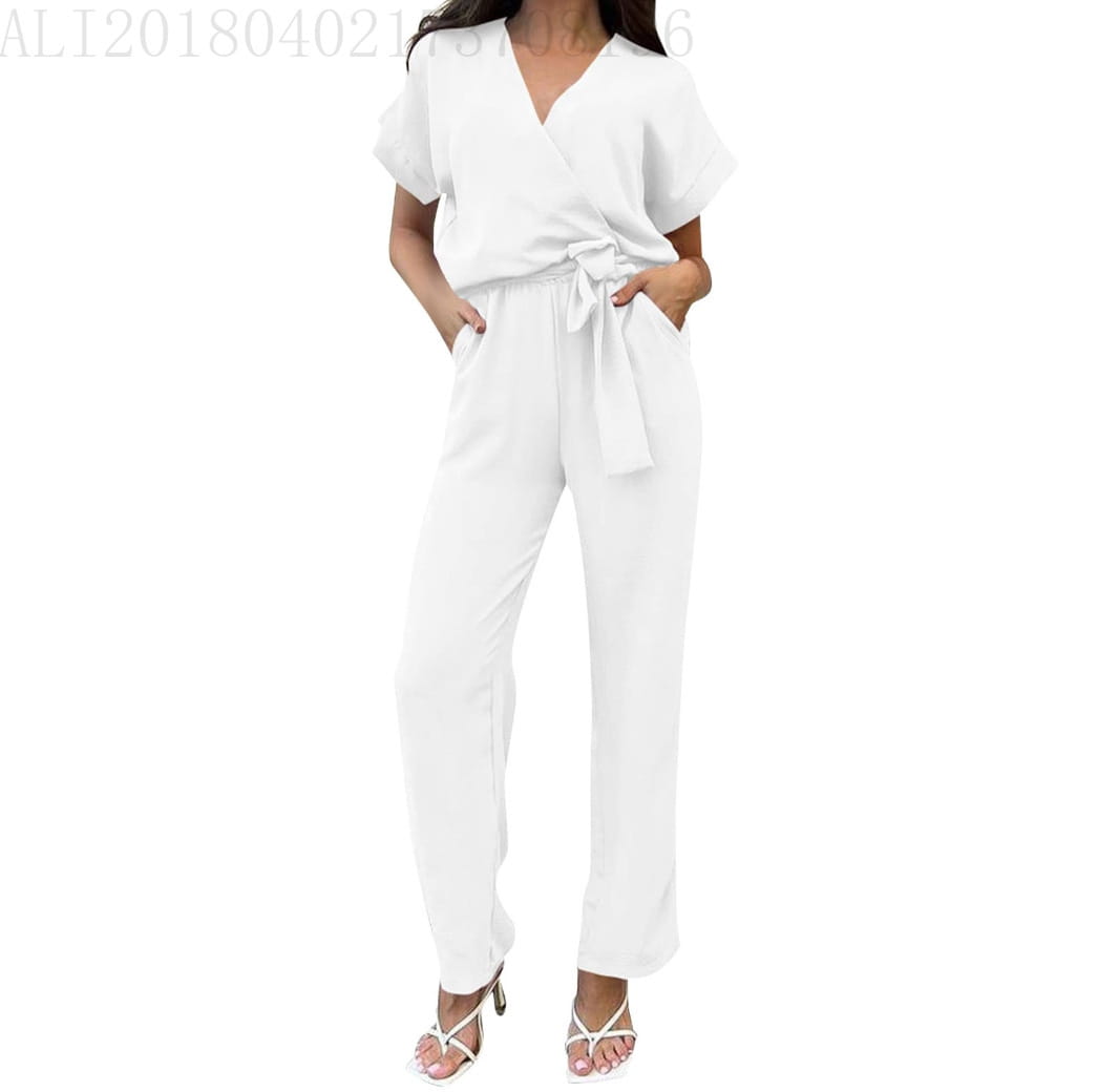 Women’s Short-sleeved V-neck Pocket Jumpsuit
