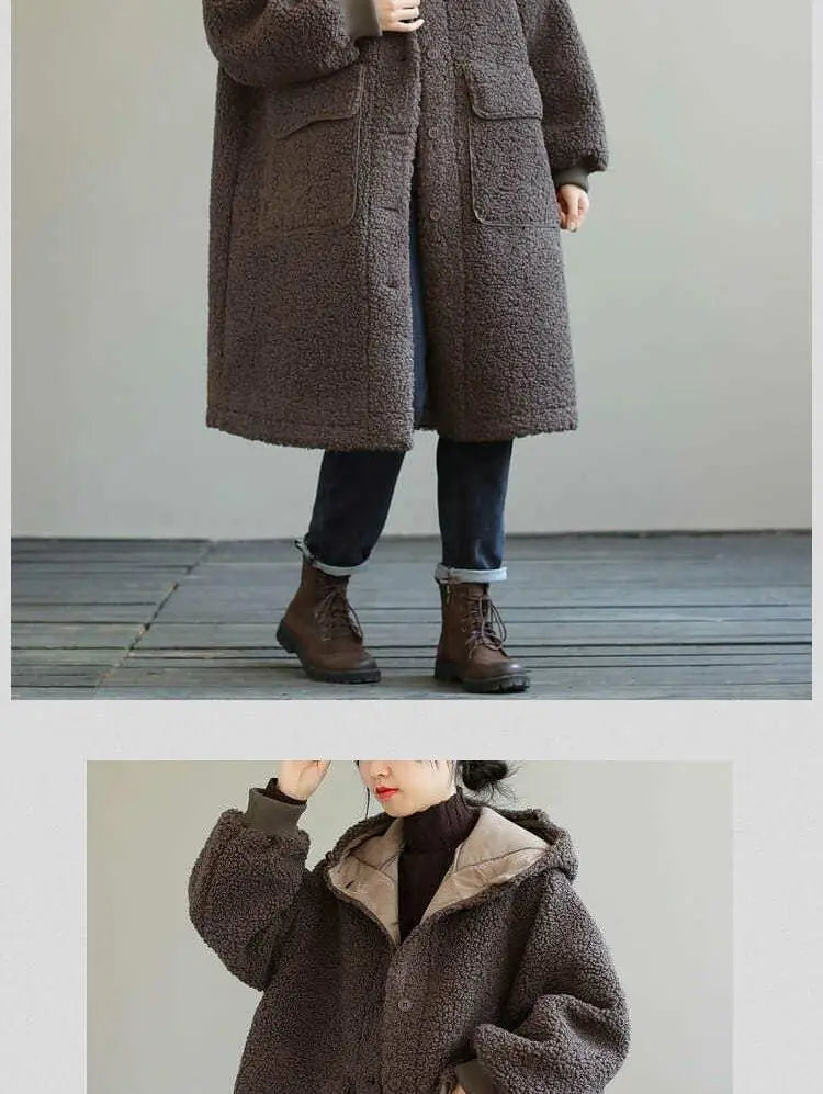 European And American Plus Size Loose Lamb Wool Younger Hoodie Padded Coat Women