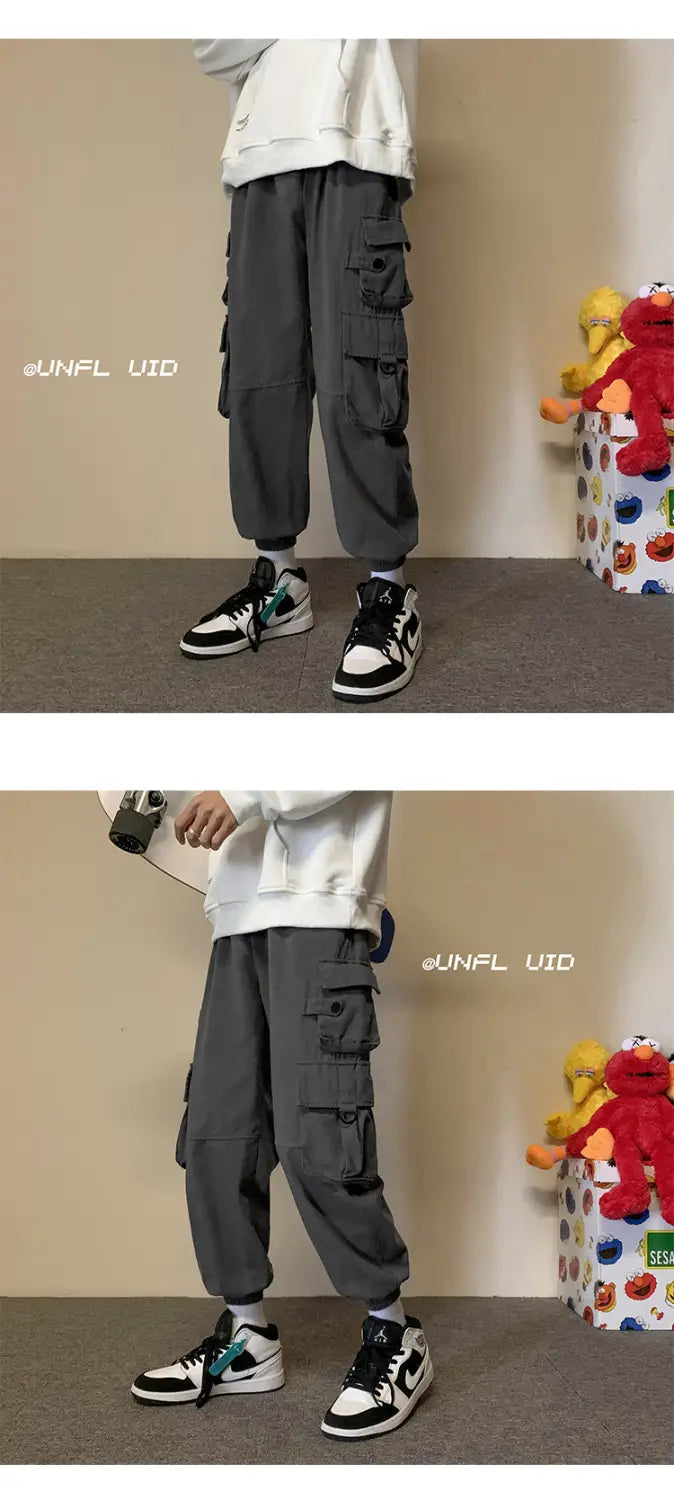 Early Spring Men’s Casual Pants Hong Kong Ctyle Loose Big Pocket Tooling Straight Leg Pants Korean Style Trend Wild