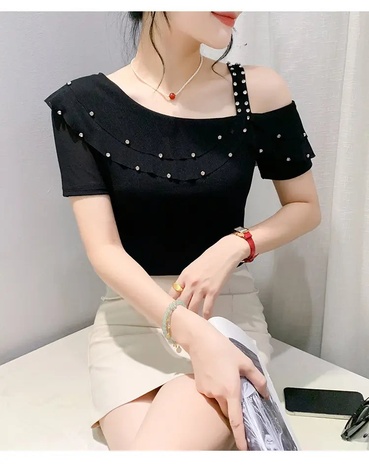 Ruffled Short Sleeves Off-the-shoulder Filamentation Top