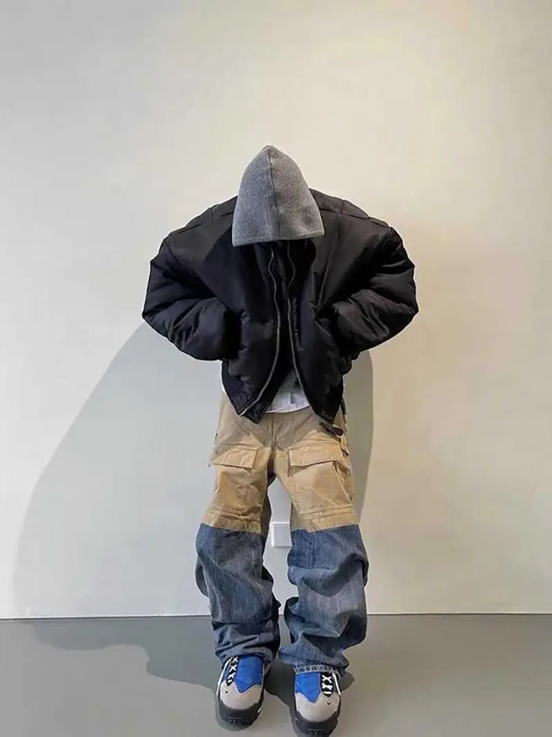 Retro Multi-pocket Stitching Denim Contrast Color Loose Straight Casual Pants