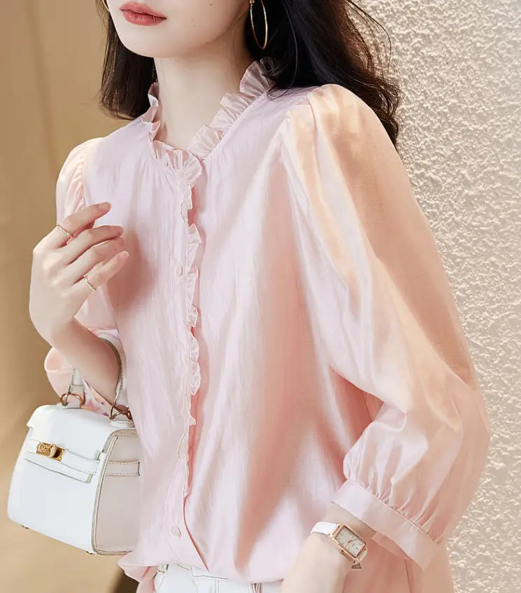 Nine-quarter Sleeve Shirt Women’s Puff Sleeve Thin Solid Color Top