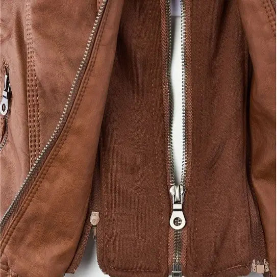 Women’s Detachable Lapel Long Sleeve Solid Color Zipper Leather Jacket Coat