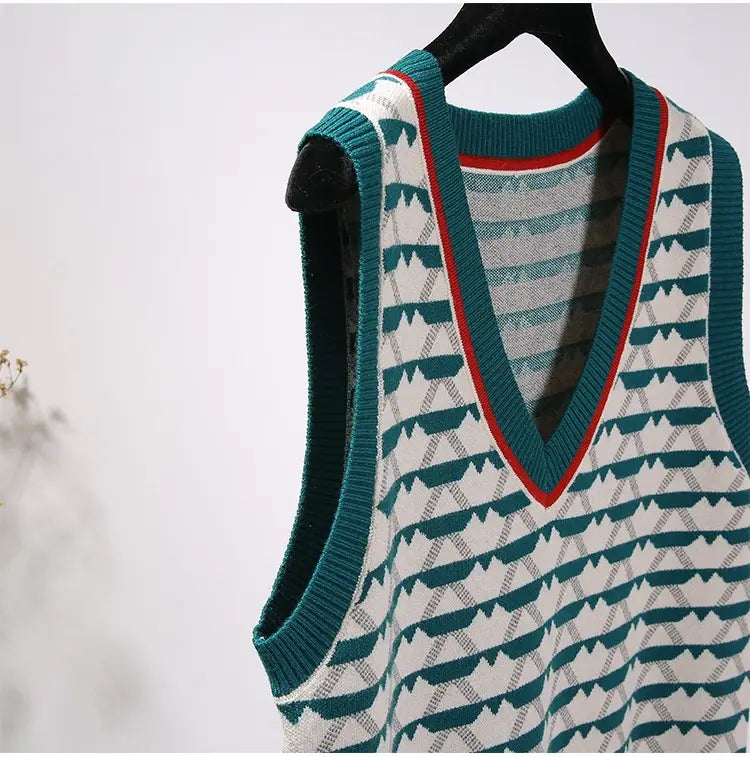 Retro Contrast Color Jacquard Ins Knitted Vest For Women