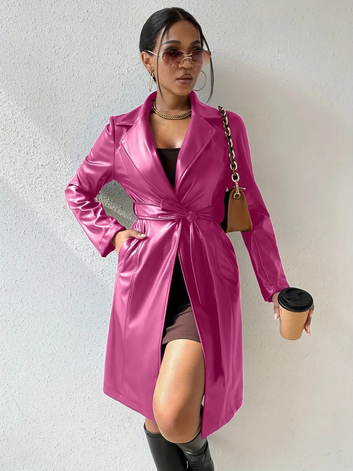 PU Long Sleeve Women’s Slim Fit Long Trench Coat
