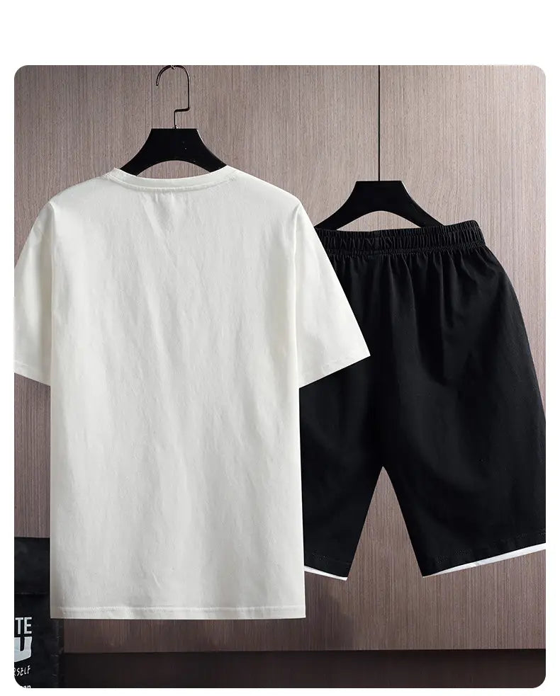 New Cotton Men’s Casual Sports Loose Shorts Round Neck T-shirt Suit