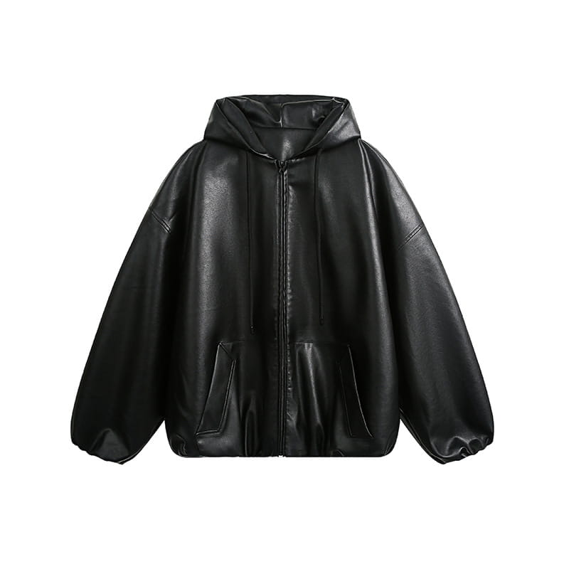Men’s American-style Retro Simple Hooded Leather Coat Jacket