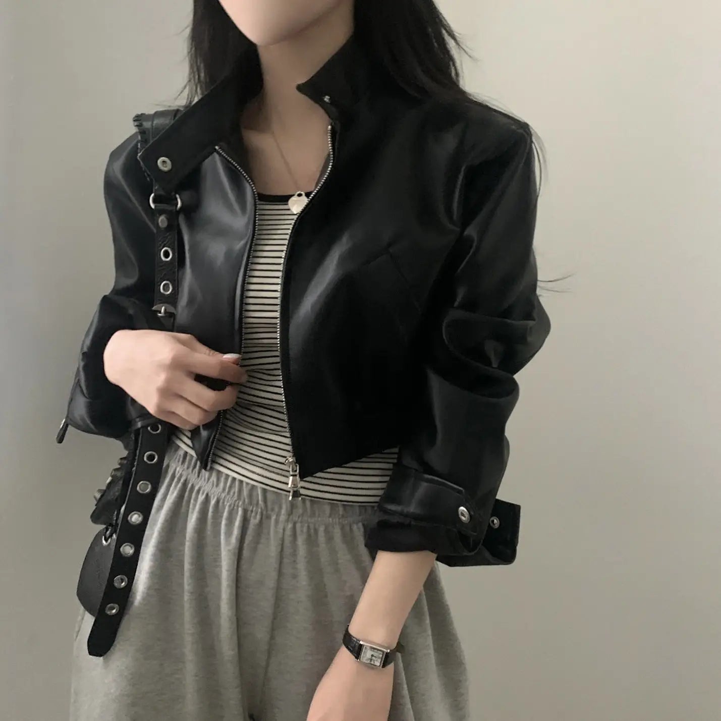 French Style Retro Design Zipped Stand Collar Elastic And Waisted Short Biker’s Leather Jacket Women