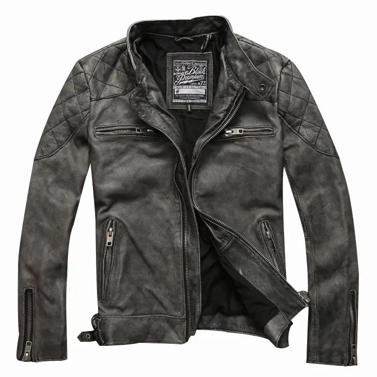 Men’s distressed stand collar leather jacket