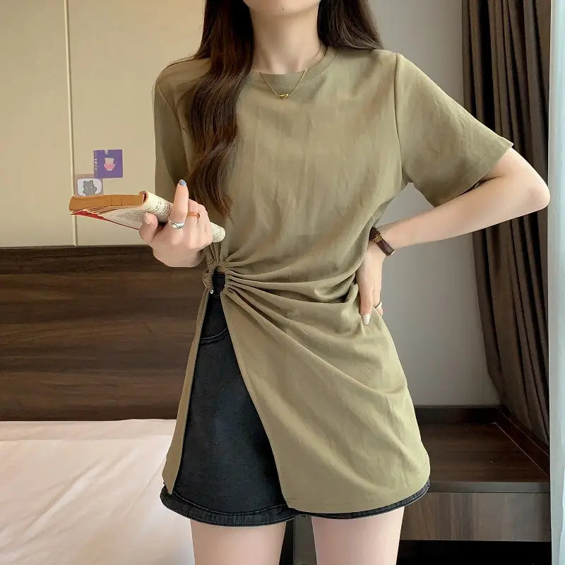 Cotton Irregular Split Short-sleeved T-shirt Women’s Summer