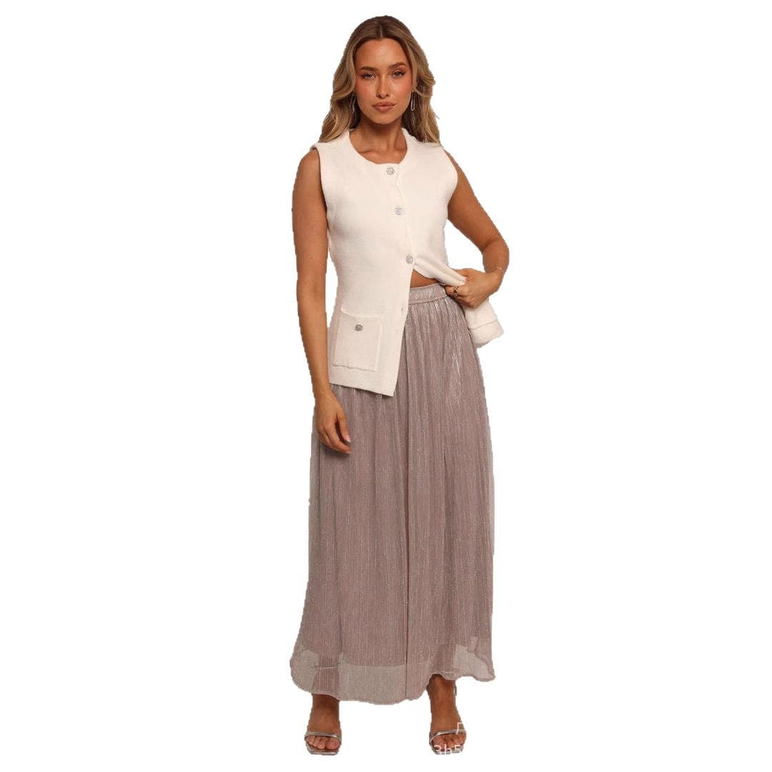Solid Color Streamer Yarn Skirt Women’s Summer High Waist Slimming A- Line Bright Silk Skirt French Style