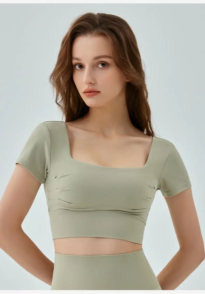 Hollow-out Beauty Back Yoga Short Sleeve Women’s Removable Chest Pad Workout Top