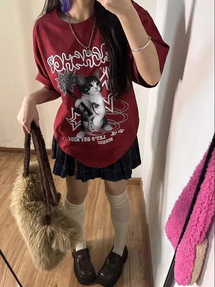 Pure Cotton Japanese Style Alphabet Wine Red Short Sleeve