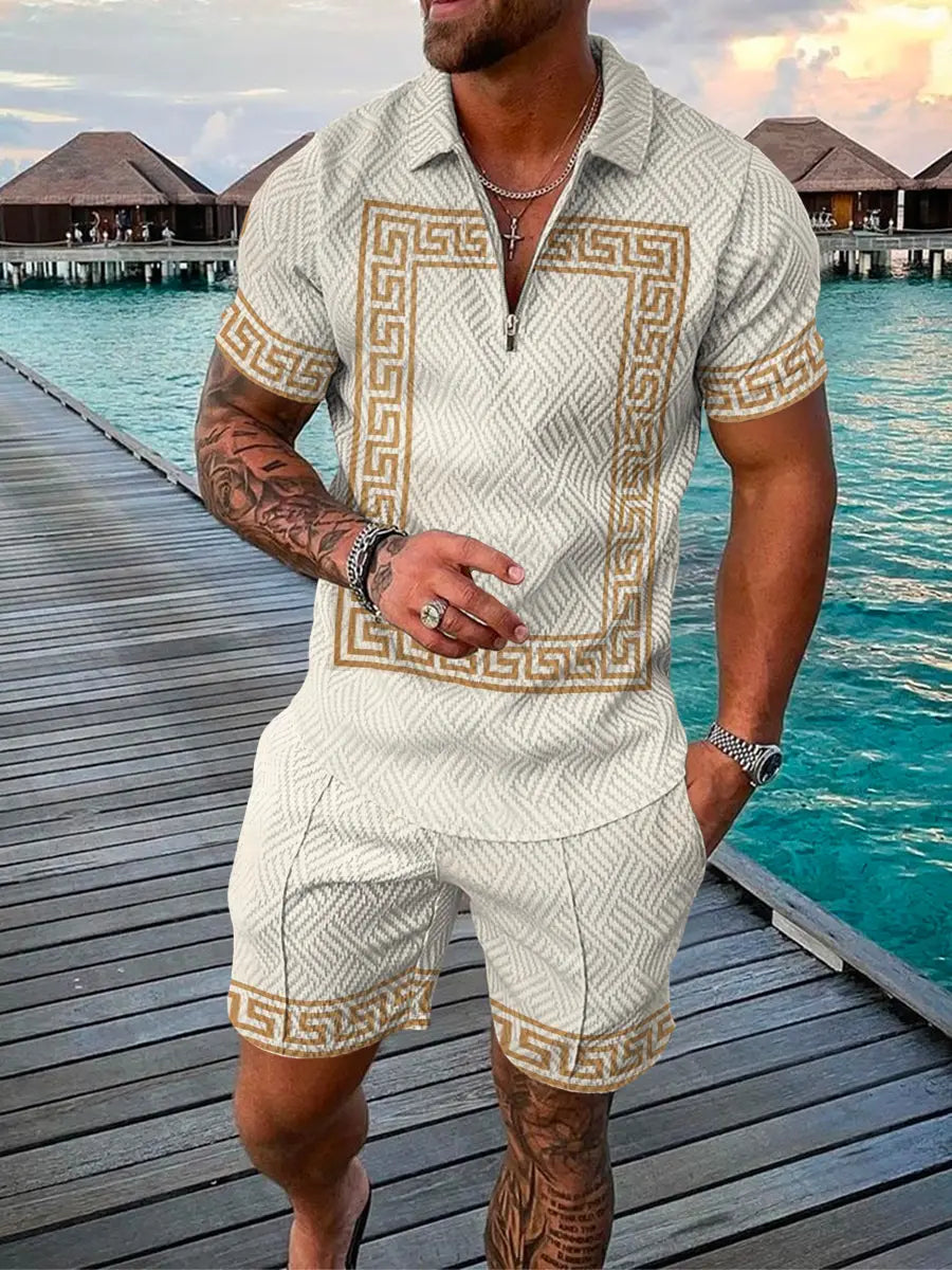 Men’s Summer Fashion 3D Printed Short Sleeve Geometric Zip Lapel Shirt Set