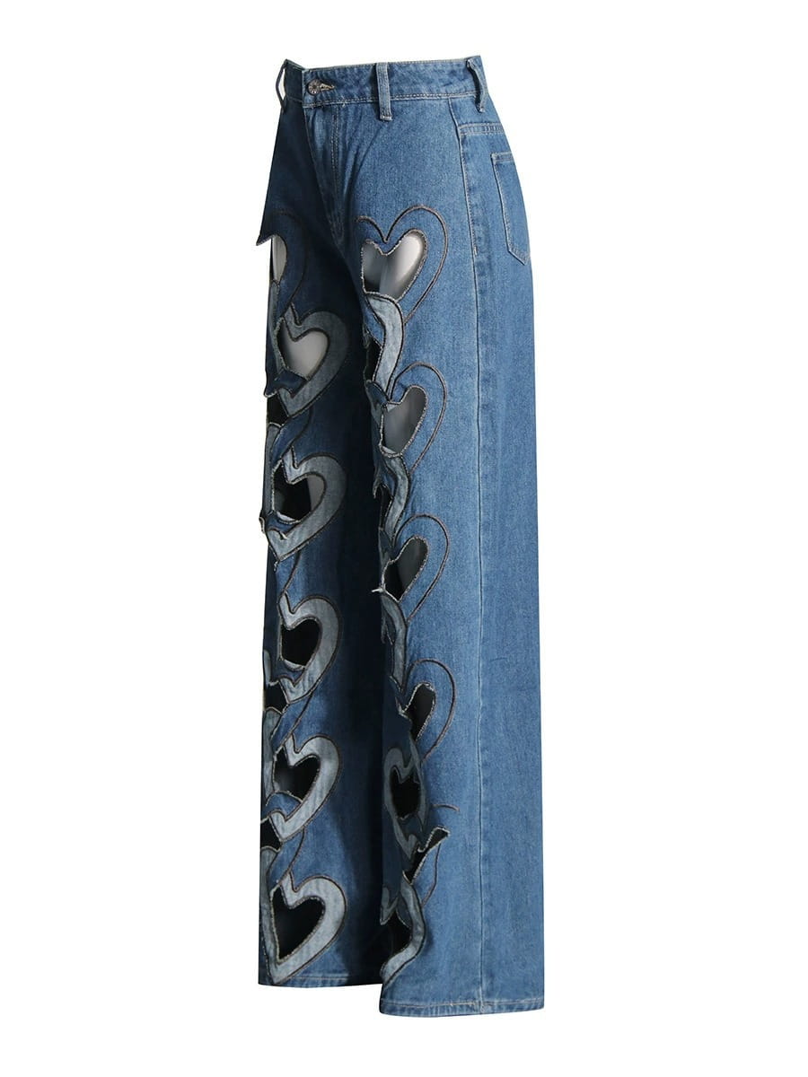 High Waist Hollowed Heart Shape Wide Leg Jeans