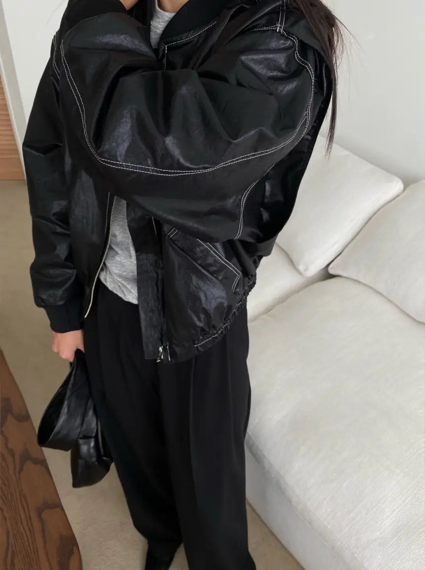 Loose Long Sleeve Leather Jacket Coat Women